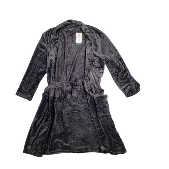 Perry Ellis Portfolio Men's Herringbone Textured Fleece Plush Robe Sleepwear BlK - Picture 1 of 3